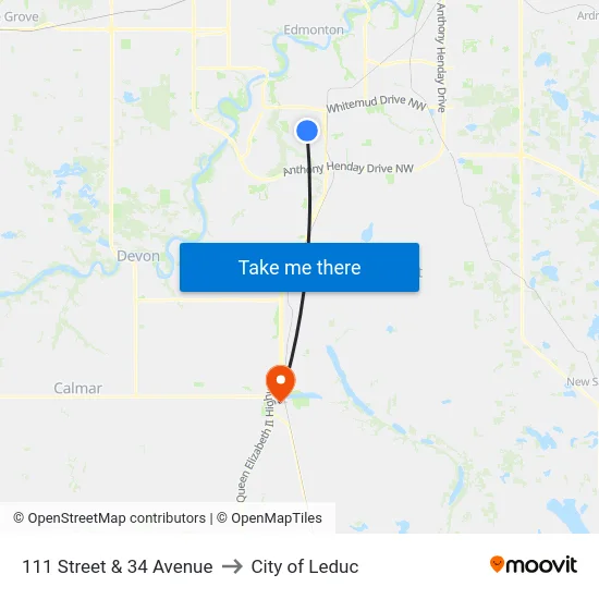 111 Street & 34 Avenue to City of Leduc map