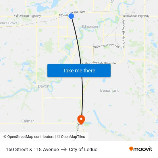 160 Street & 118 Avenue to City of Leduc map