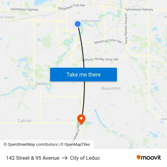 142 Street & 95 Avenue to City of Leduc map