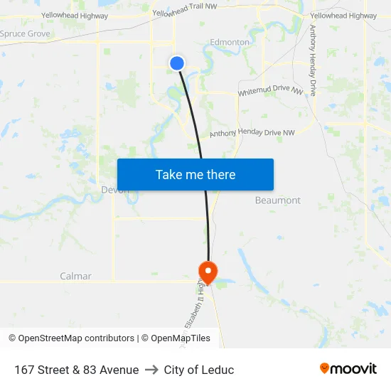 167 Street & 83 Avenue to City of Leduc map