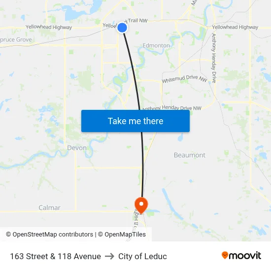 163 Street & 118 Avenue to City of Leduc map