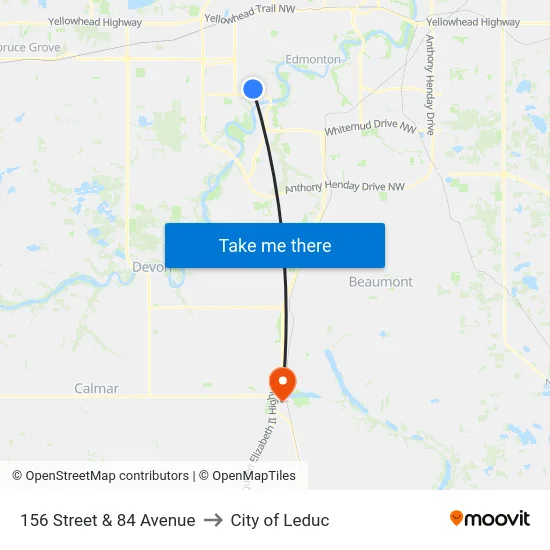 156 Street & 84 Avenue to City of Leduc map