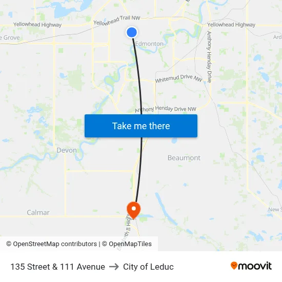 135 Street & 111 Avenue to City of Leduc map