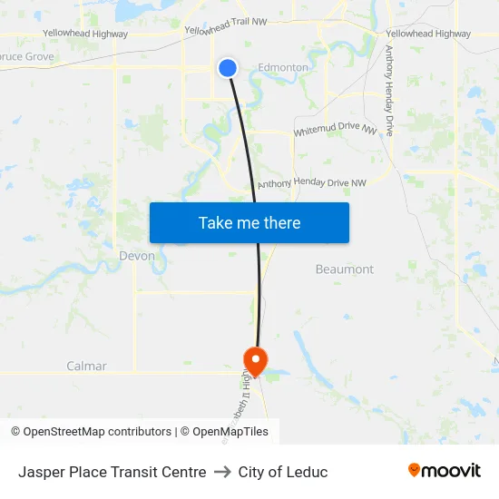 Jasper Place Transit Centre to City of Leduc map