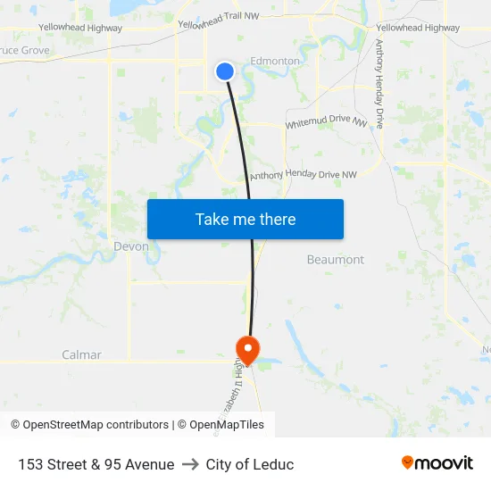 153 Street & 95 Avenue to City of Leduc map