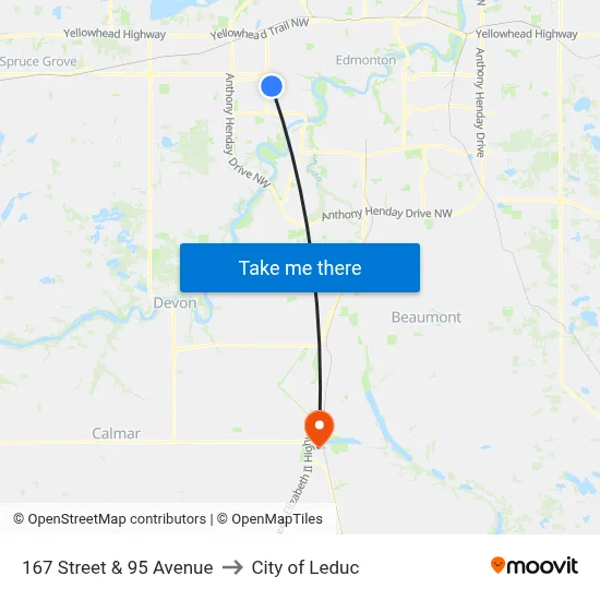 167 Street & 95 Avenue to City of Leduc map