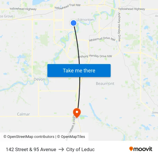 142 Street & 95 Avenue to City of Leduc map