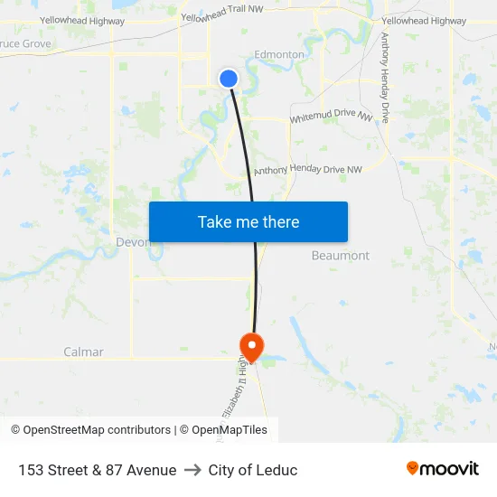 153 Street & 87 Avenue to City of Leduc map