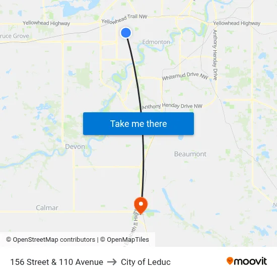 156 Street & 110 Avenue to City of Leduc map