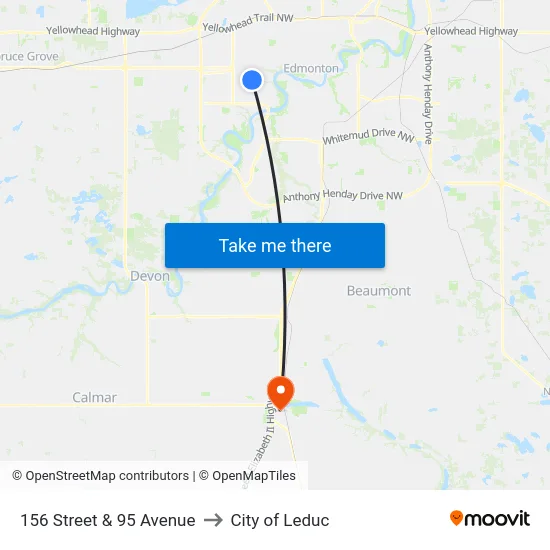156 Street & 95 Avenue to City of Leduc map