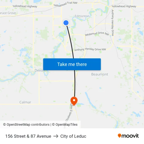 156 Street & 87 Avenue to City of Leduc map