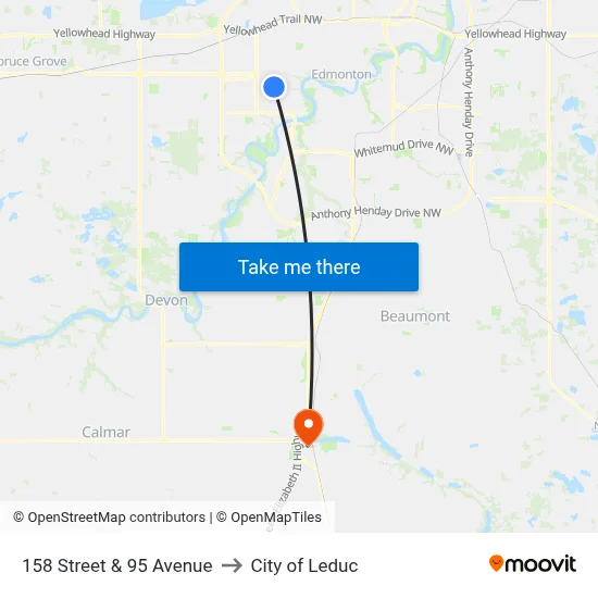 158 Street & 95 Avenue to City of Leduc map