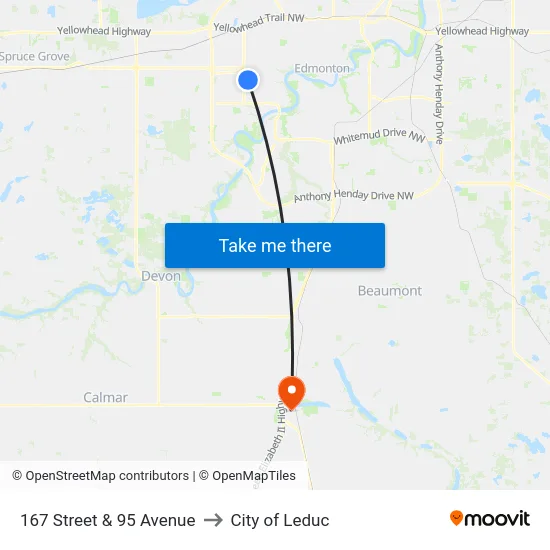 167 Street & 95 Avenue to City of Leduc map