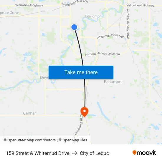 159 Street & Whitemud Drive to City of Leduc map