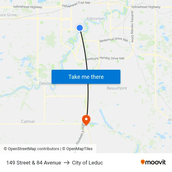 149 Street & 84 Avenue to City of Leduc map