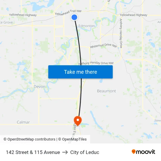 142 Street & 115 Avenue to City of Leduc map