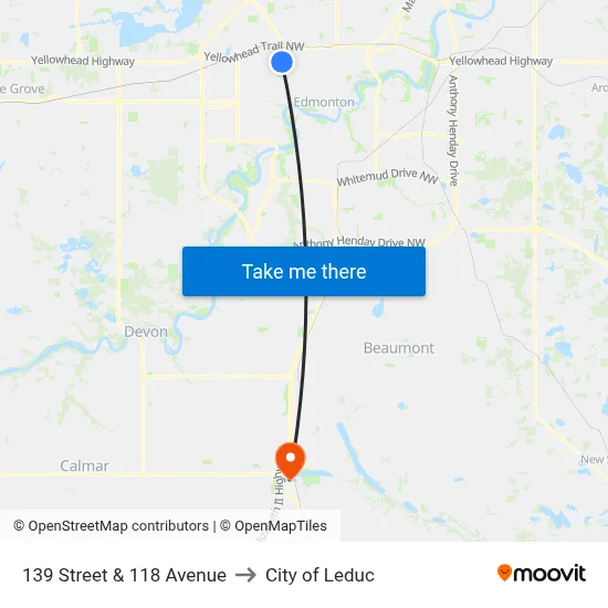 139 Street & 118 Avenue to City of Leduc map