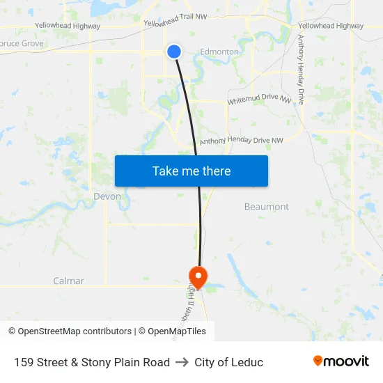 159 Street & Stony Plain Road to City of Leduc map