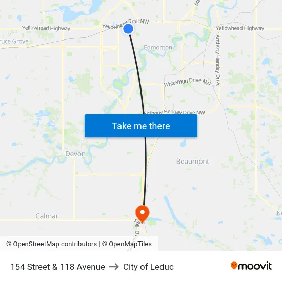 154 Street & 118 Avenue to City of Leduc map