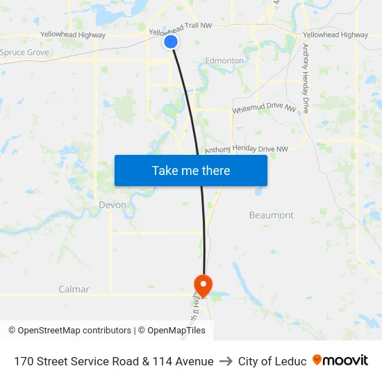 170 Street Service Road & 114 Avenue to City of Leduc map