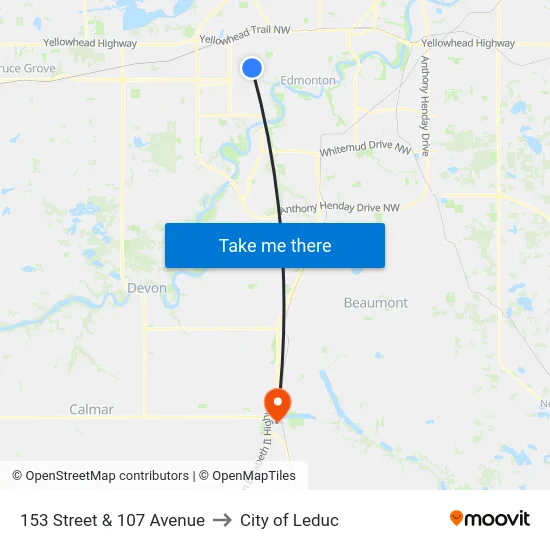 153 Street & 107 Avenue to City of Leduc map
