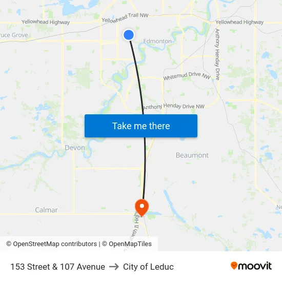 153 Street & 107 Avenue to City of Leduc map