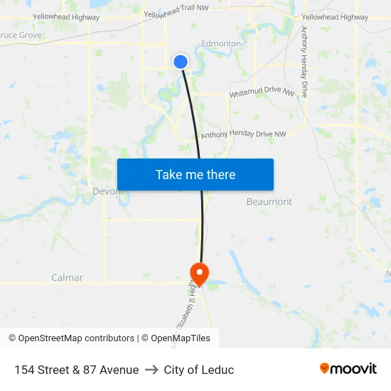 154 Street & 87 Avenue to City of Leduc map
