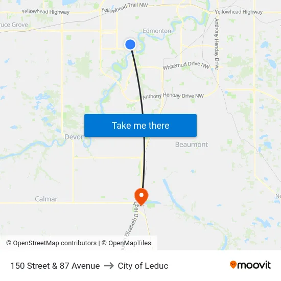 150 Street & 87 Avenue to City of Leduc map