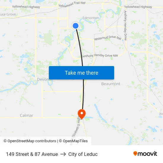 149 Street & 87 Avenue to City of Leduc map