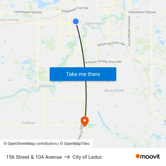 156 Street & 104 Avenue to City of Leduc map
