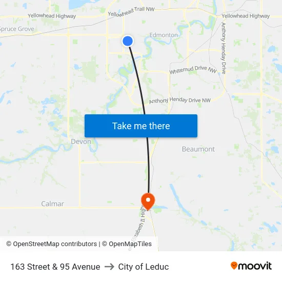 163 Street & 95 Avenue to City of Leduc map