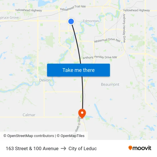 163 Street & 100 Avenue to City of Leduc map