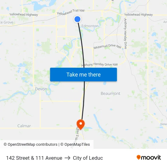142 Street & 111 Avenue to City of Leduc map