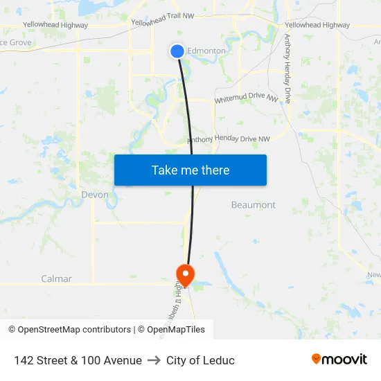 142 Street & 100 Avenue to City of Leduc map