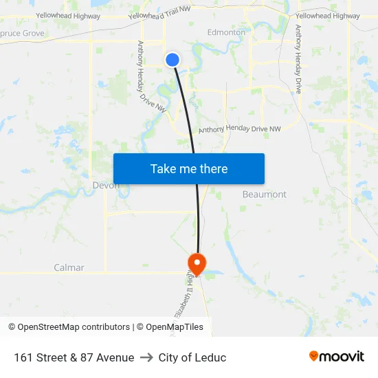 161 Street & 87 Avenue to City of Leduc map