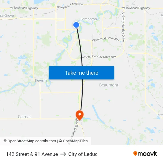 142 Street & 91 Avenue to City of Leduc map