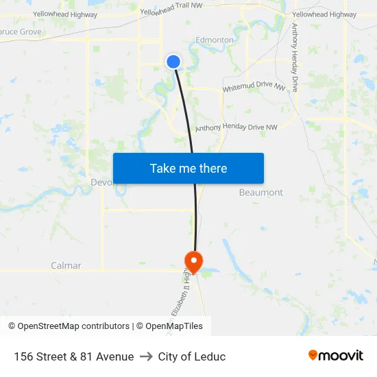 156 Street & 81 Avenue to City of Leduc map