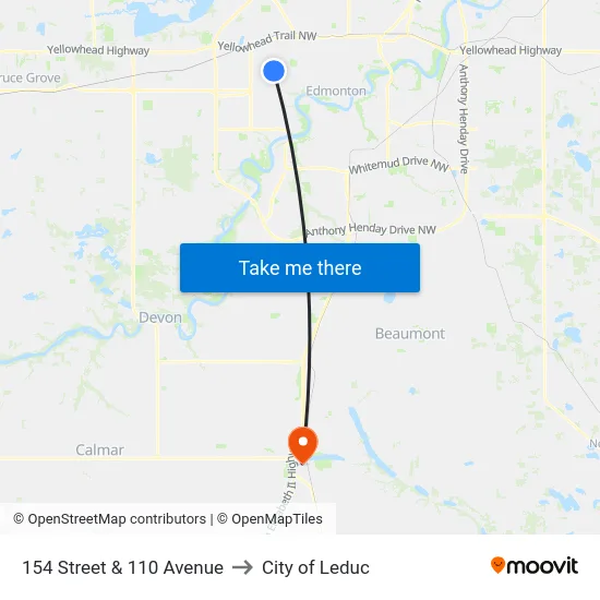 154 Street & 110 Avenue to City of Leduc map