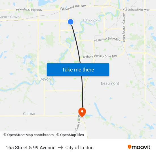 165 Street & 99 Avenue to City of Leduc map