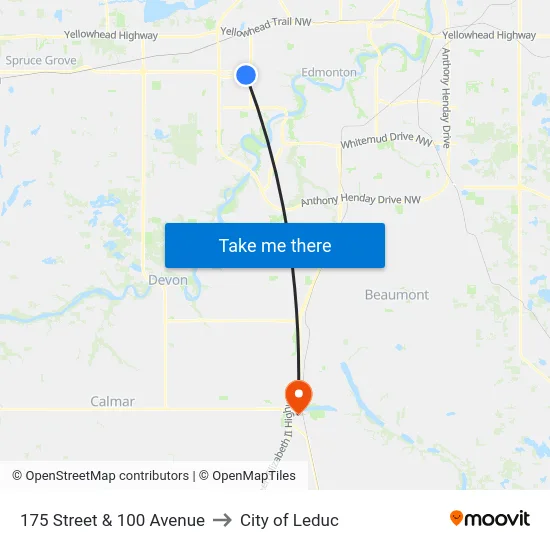 175 Street & 100 Avenue to City of Leduc map