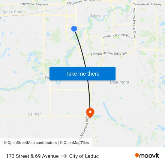 173 Street & 69 Avenue to City of Leduc map