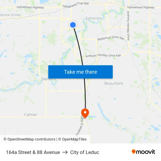 164a Street & 88 Avenue to City of Leduc map