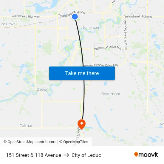 151 Street & 118 Avenue to City of Leduc map