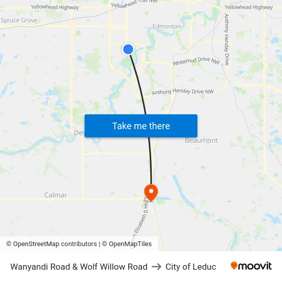 Wanyandi Road & Wolf Willow Road to City of Leduc map
