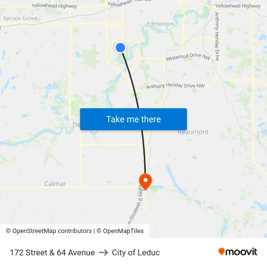 172 Street & 64 Avenue to City of Leduc map