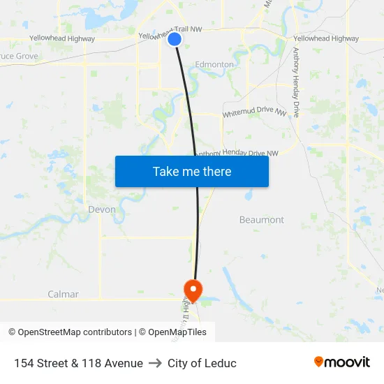 154 Street & 118 Avenue to City of Leduc map
