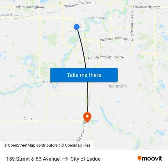 159 Street & 83 Avenue to City of Leduc map