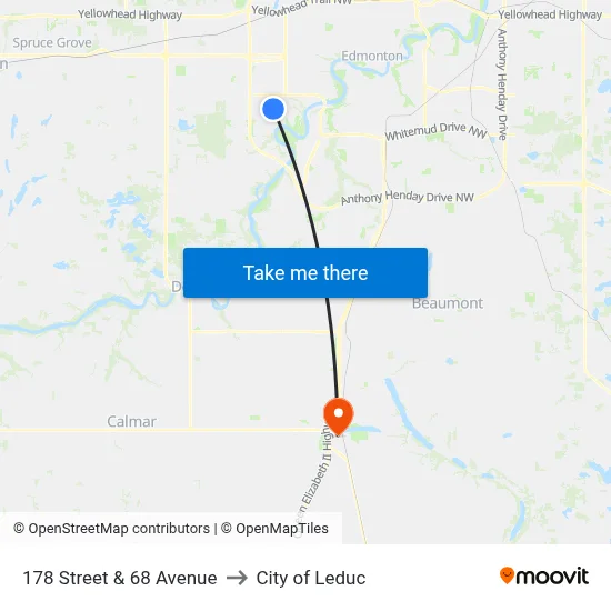 178 Street & 68 Avenue to City of Leduc map