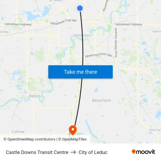 Castle Downs Transit Centre to City of Leduc map