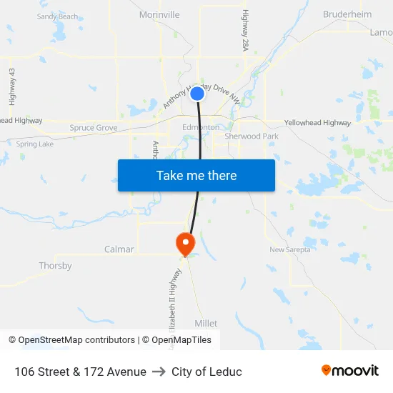 106 Street & 172 Avenue to City of Leduc map